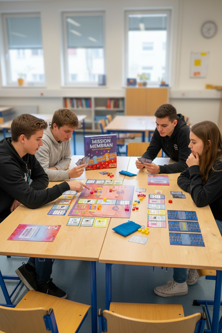 Klassenzimmer Roter Apfel auf einem Stapel Bücher, daneben bunte Stifte. Stilisierte Szene aus einem Klassenzimmer.
