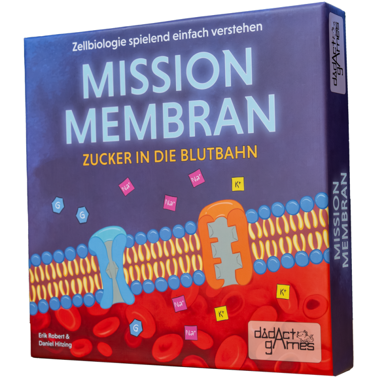 Mission Membran: Zucker in die Blutbahn Brettspiel mit dem Titel „Mission Membran“ zum Thema Zellbiologie und Zuckertransport.